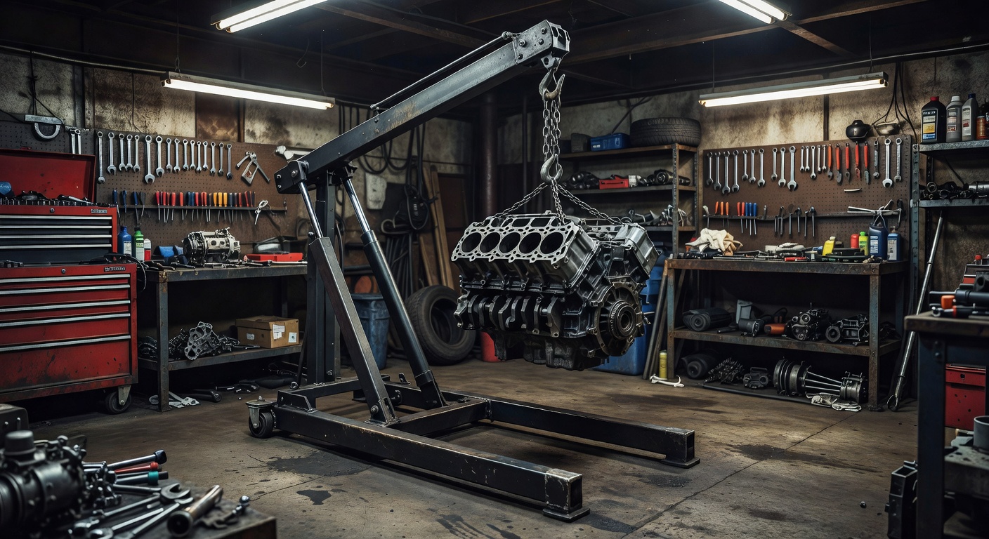 Heavy duty engine hoist in a workshop setting