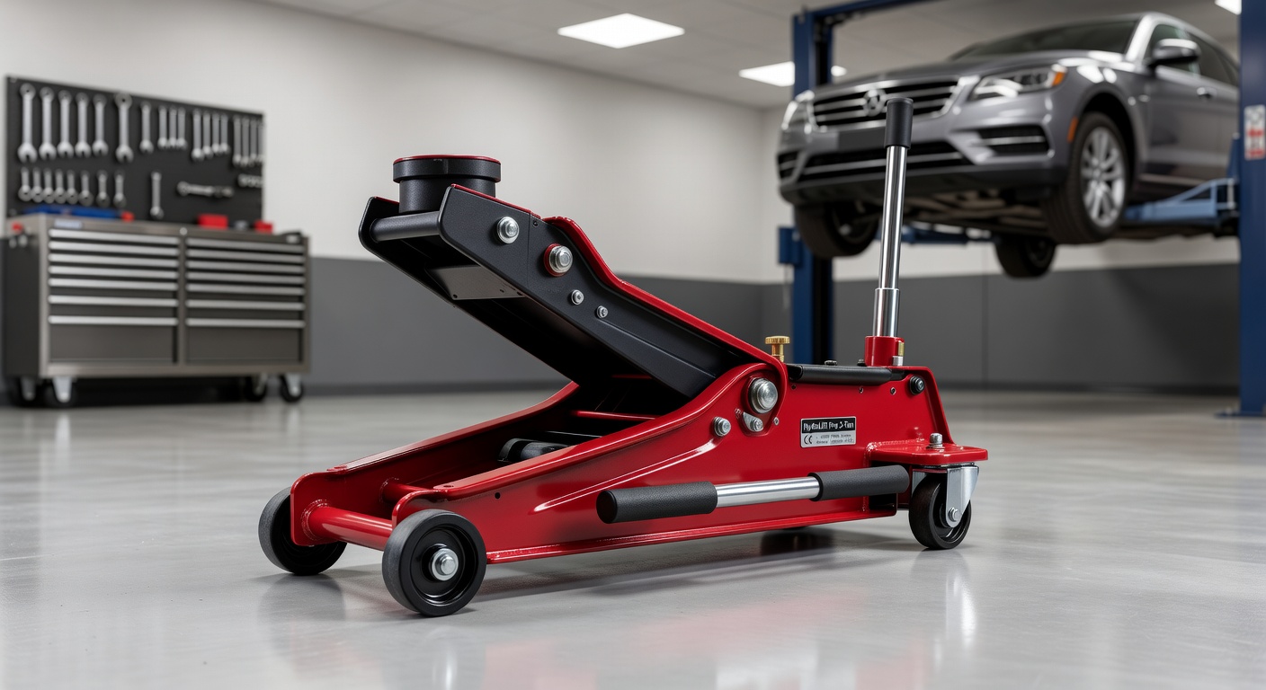 Hydraulic car floor jack in a service bay