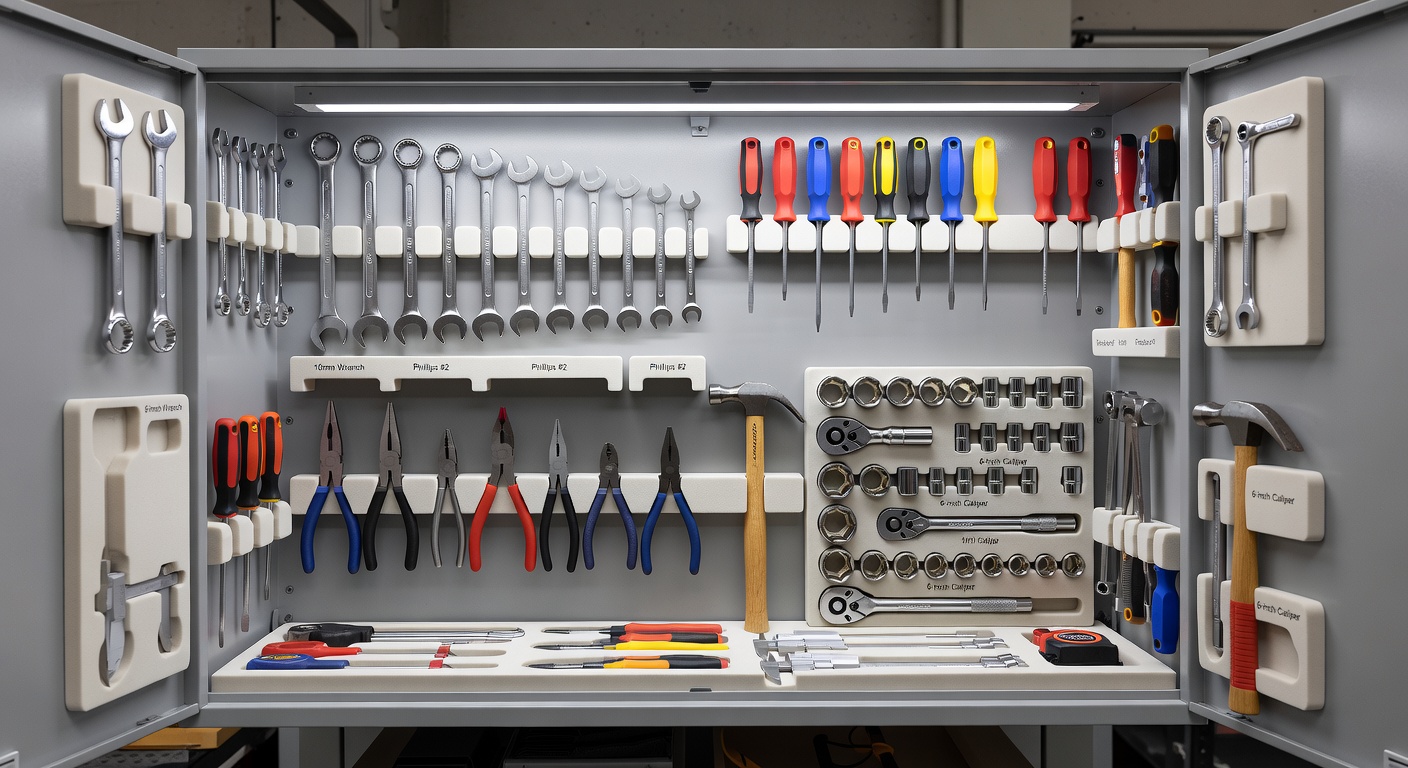 Organized professional tool cabinet with labeled drawers